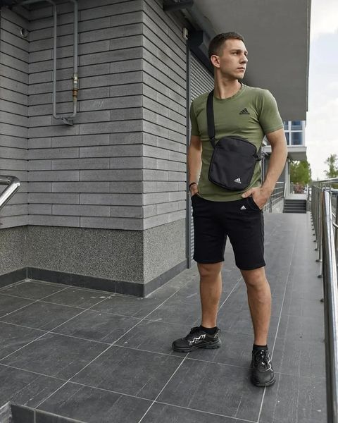 Спортивний комплект чоловічий Adidas хакі футболка+чорні шорти+барсетка костюм літній адідас повсякденний M 2656609228 фото