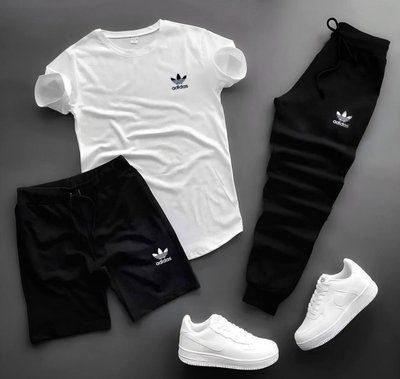 Чоловічий костюм літній шорти футболка штани Adidas спортивний комплект адідас чорний-білий 2610624996 фото