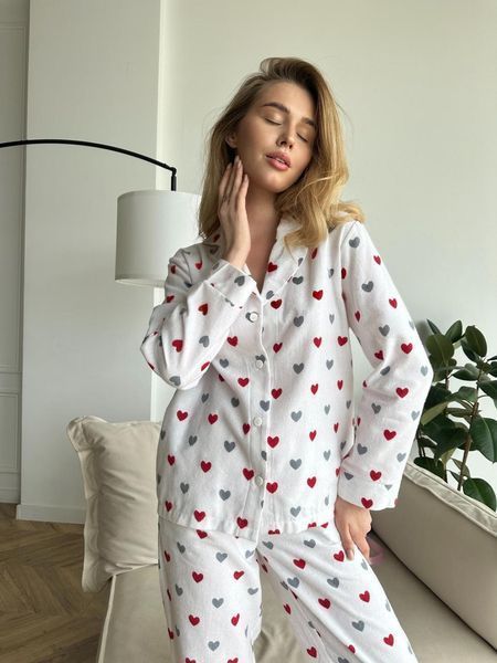 Домашня жіноча піжама COSY червоні серця на білому (сорочка+штани) ХL 2342054856 фото