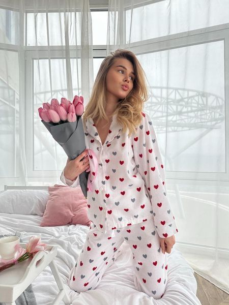 Домашня жіноча піжама COSY червоні серця на білому (сорочка+штани) ХL 2342054856 фото