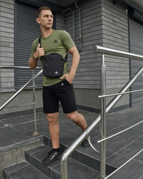 Спортивний комплект чоловічий Adidas хакі футболка+чорні шорти+барсетка костюм літній адідас повсякденний L 2656609229 фото