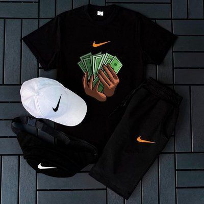 Костюм чоловічий літній Nike чорний Шорти + Футболка + Кепка біла + Бананка в подарунок XL 2609224689 фото
