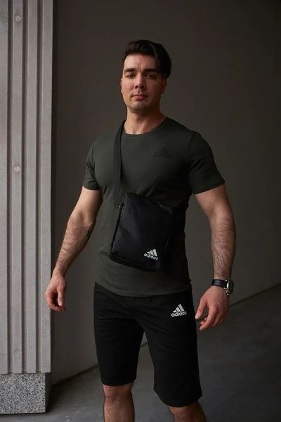 Спортивний комплект чоловічий Adidas хакі футболка+чорні шорти+барсетка костюм літній адідас повсякденний XL 2656609230 фото