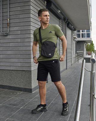 Спортивний комплект чоловічий Adidas хакі футболка+чорні шорти+барсетка костюм літній адідас повсякденний 3XL 2656609232 фото