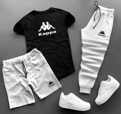 Костюм чоловічий літній шорти футболка штани Kappa спортивний комплект чорний-білий 2610625011 фото