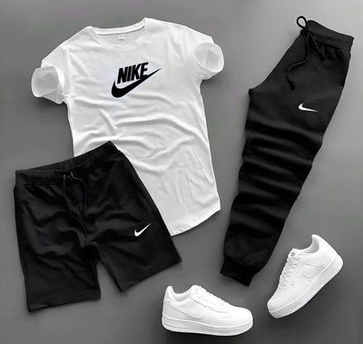 Костюм чоловічий літній шорти футболка штани Nike спортивний комплект найк чорний-білий M 2610897041 фото