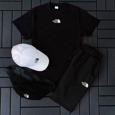 Літній чоловічий костюм The North Face чорний Футболка + Шорти + Біла Кепка + Бананка у подарунок L 2608958339 фото
