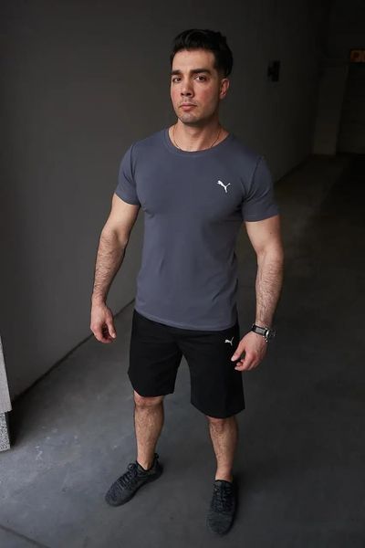 Комплект чоловічий спортивний Puma темно-сіра футболка+чорні шорти костюм літній бавовняний повсякденний пума 3XL 2655653353 фото