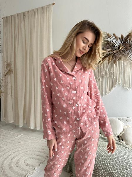 Жіноча Муслінова піжама, Серця (темна пудра) M 2342054915 фото