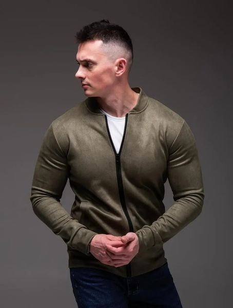 Куртка чоловіча базова хакі замшевий бомбер casual легкий на блискавці однотонний весна осінь повсякденний L 2669397522 фото