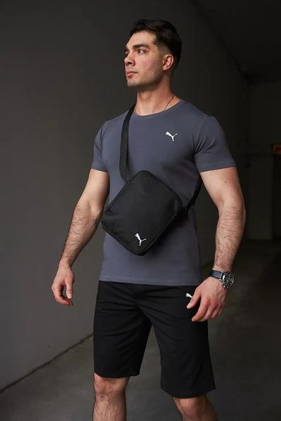 Комплект чоловічий спортивний Puma темно-сіра футболка+чорні шорти+чорна барсетка костюм літній пума M 2656512406 фото
