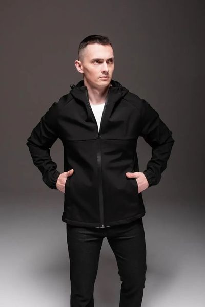 Куртка чоловіча Soft Shell на флісі чорна утеплена однотонна на блискавці з капюшоном осінь весна повсякденна XXL 2668250774 фото