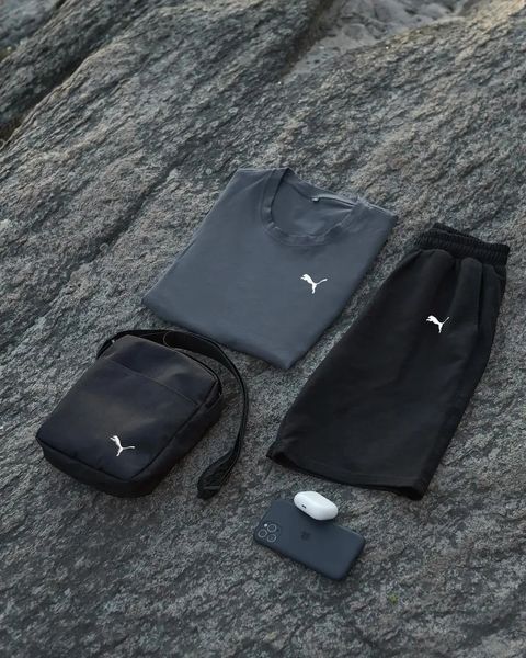Комплект чоловічий спортивний Puma темно-сіра футболка+чорні шорти+чорна барсетка костюм літній пума M 2656512406 фото