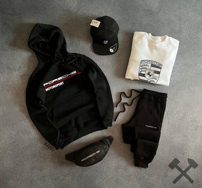 Спортивный костюм мужской Porsche Motosport черный зимний комплект на флисе свитшот худи штаны кепка бананка S 2630491008 фото