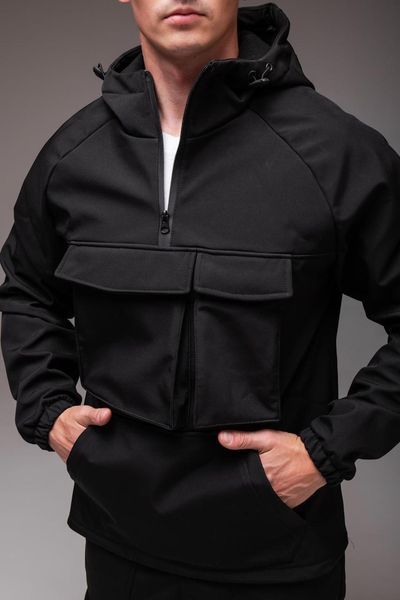 Куртка чоловіча Анорак Softshell чорна на флісі водовідштовхувальна з капюшоном легка весна осінь повсякденна 2666703196 фото