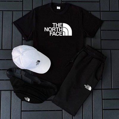 Літній чоловічий костюм The North Face чорний Футболка+Шорти+ Кепка Біла+Бананка у подарунок M 2608962091 фото