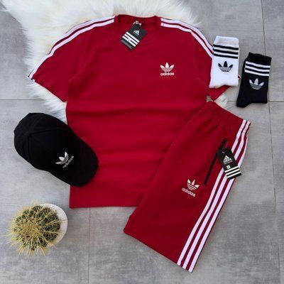 Спортивный Костюм Мужской Летний Adidas красный шорты футболка + кепка спортивный комплект 2607387098 фото