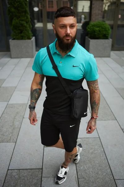 Спортивный комплект мужской Nike поло бирюзовое+шорты черные+барсетка костюм летний трикотажный найк XL 2657730663 фото