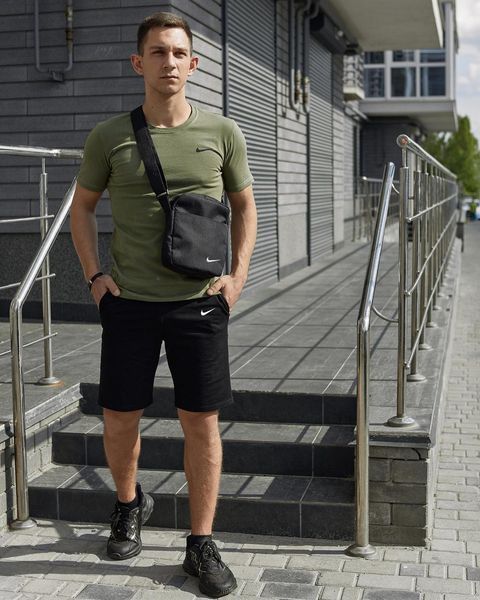 Спортивный комплект мужской Nike футболка хаки+ шорты черные + барсетка костюм летний найк повседневный 2655165202 фото