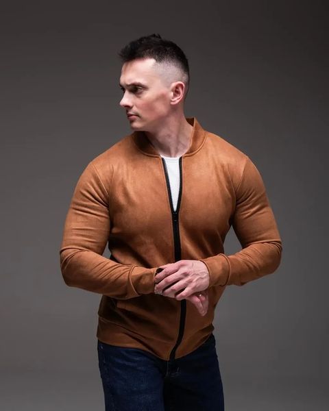 Куртка чоловіча базова коричнева замшевий бомбер casual легкий на блискавці однотонний весна осінь повсякденний M 2669407213 фото
