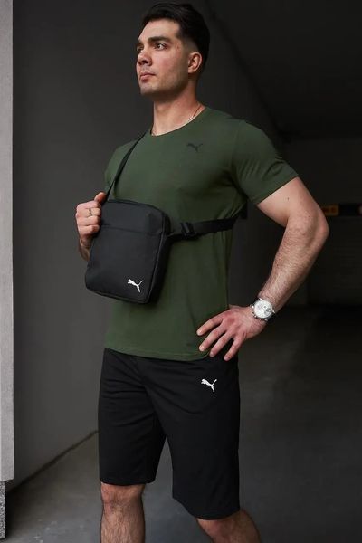 Комплект чоловічий спортивний Puma хакі футболка+чорні шорти+чорна барсетка костюм літній пума M 2656514161 фото