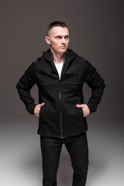 Куртка чоловіча Soft Shell на флісі чорна утеплена однотонна на блискавці з капюшоном осінь весна повсякденна 2666702018 фото