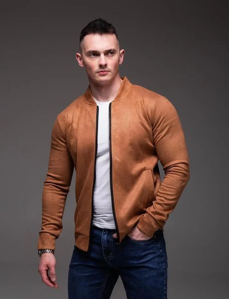 Куртка чоловіча базова коричнева замшевий бомбер casual легкий на блискавці однотонний весна осінь повсякденний L 2669407214 фото