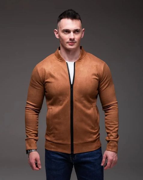 Куртка чоловіча базова коричнева замшевий бомбер casual легкий на блискавці однотонний весна осінь повсякденний L 2669407214 фото