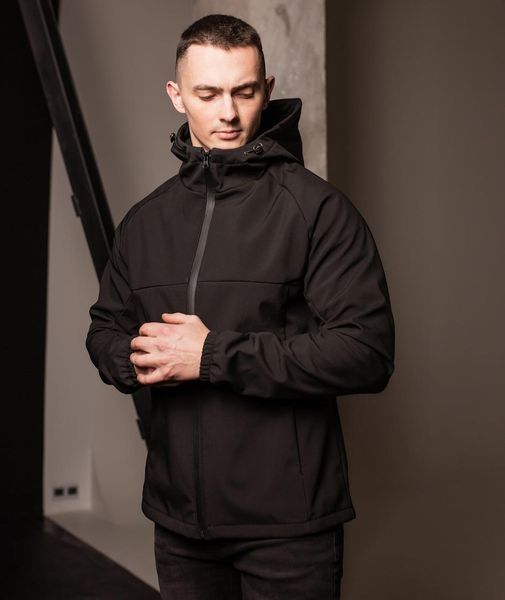 Куртка чоловіча Soft Shell на флісі чорна утеплена однотонна на блискавці з капюшоном осінь весна повсякденна 2666702018 фото