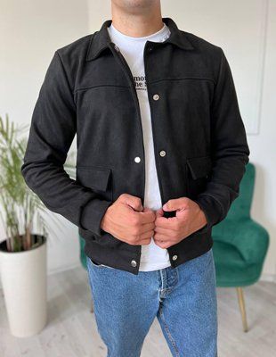 Куртка чоловіча замшева базова чорна на кнопках комір відкладний легка осінь весна повсякденна L 2662806653 фото