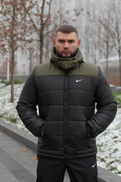 Куртка зимова Чоловіча Найк Пуховик тепла однотонна базова з капюшоном хакі-чорна 1996373759 фото