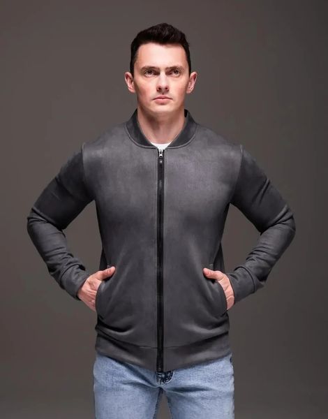 Куртка чоловіча базова сіра замшевий бомбер casual легкий на блискавці однотонний весна осінь повсякденний M 2669409915 фото