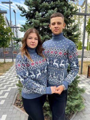 Светр новорічний з оленями чоловічий в'язаний вовняний 2384778115 фото