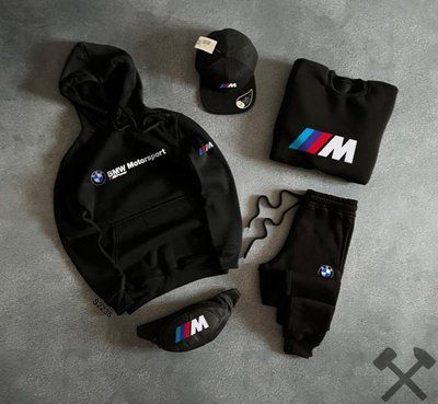 Cпортивный мужской костюм Bmw Motosport черный зимний теплый комплект худи свитшот штаны кепка бананка бмв XL 2630447168 фото