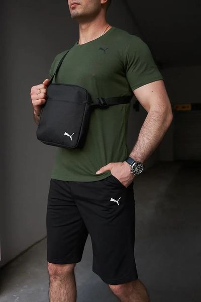 Комплект чоловічий спортивний Puma хакі футболка+чорні шорти+чорна барсетка костюм літній пума XXL 2656514164 фото