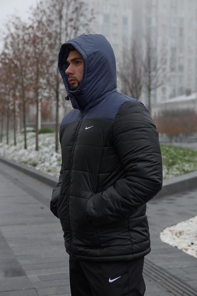Куртка зимова Чоловіча Найк Пуховик тепла однотонна базова з капюшоном синьо-чорна 1996373764 фото