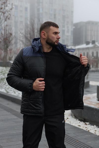 Куртка зимова Чоловіча Найк Пуховик тепла однотонна базова з капюшоном синьо-чорна 1996373764 фото