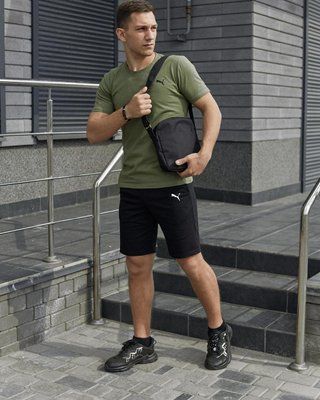 Комплект чоловічий спортивний Puma хакі футболка+чорні шорти+чорна барсетка костюм літній пума 3XL 2656514165 фото