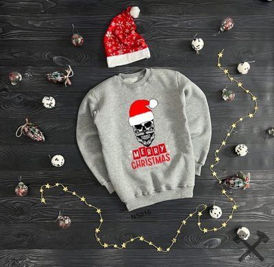 Толстовка зимова чоловіча Merry Christmas сіра з начосом новорічна світшот кофта флісова зима 2670475881 фото