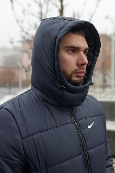 Куртка зимова Чоловіча Найк Пуховик тепла однотонна базова з капюшоном синя 1996373769 фото