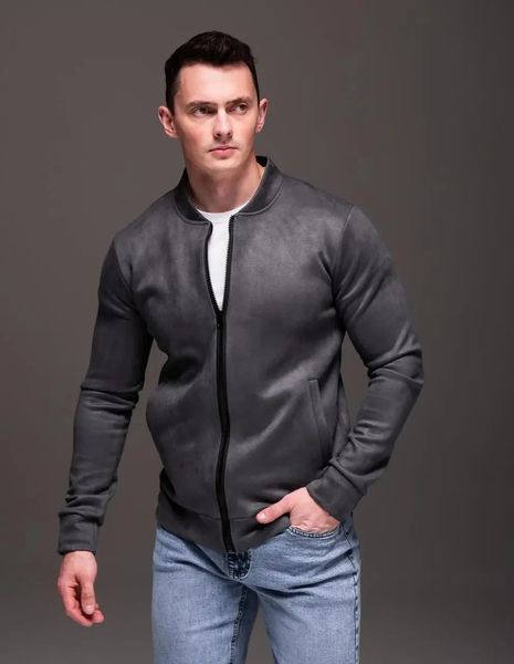 Куртка чоловіча базова сіра замшевий бомбер casual легкий на блискавці однотонний весна осінь повсякденний XL 2669409917 фото
