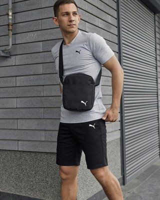 Комплект чоловічий спортивний Puma сіра футболка+чорні шорти+чорна барсетка костюм літній пума M 2656518652 фото
