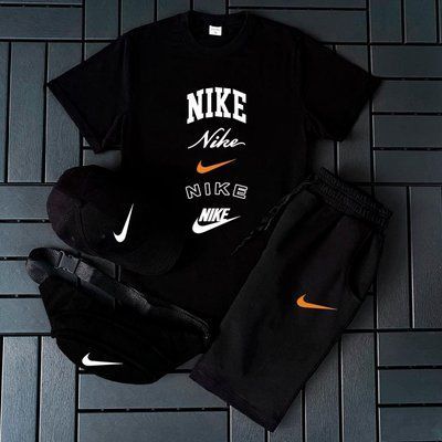 Чоловічий літній костюм Nike чорний Шорти + Футболка + Кепка + Бананка у подарунок L 2609174520 фото