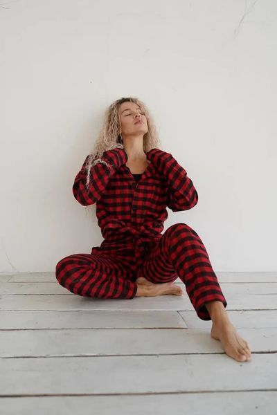 Піжамка костюм сорочка + брюки всесезонна стильна червоно-чорний кубик XL 2563489236 фото