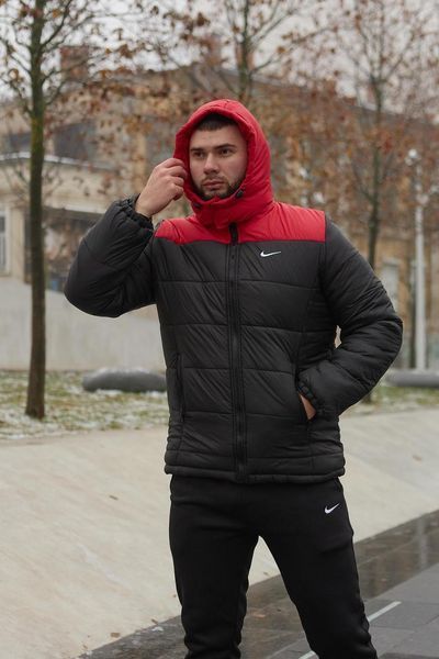 Куртка зимова Чоловіча Найк Пуховик тепла однотонна базова з капюшоном червоно-чорна 1996373774 фото