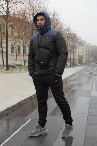 Куртка зимова Чоловіча Найк Пуховик комплект брюки з тринитки утеплені чорні + Барсетка та рукавички 2400533776 фото