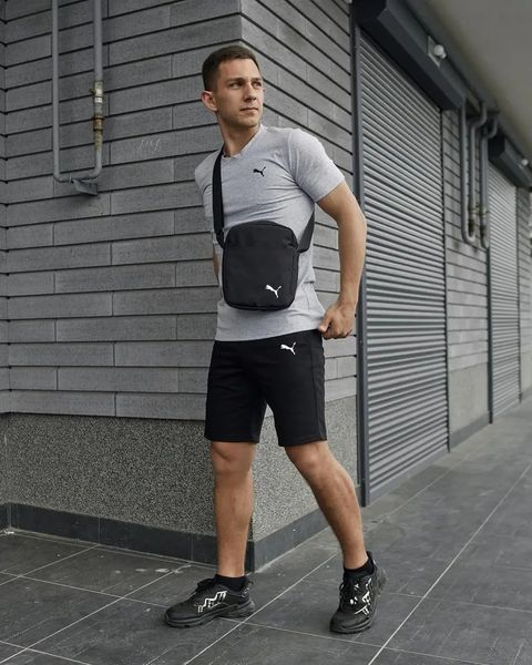 Комплект чоловічий спортивний Puma сіра футболка+чорні шорти+чорна барсетка костюм літній пума M 2656518652 фото