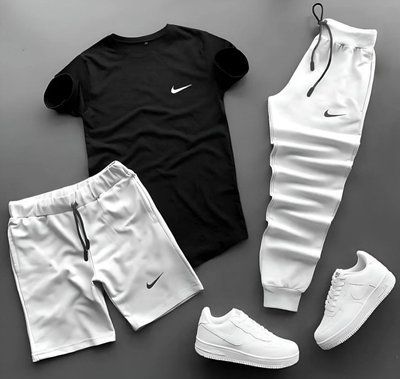 Літній чоловічий костюм шорти футболка штани Nike спортивний комплект найк чорний-білий L 2610893741 фото
