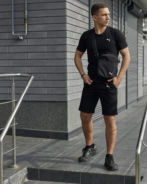 Комплект чоловічий спортивний Puma чорний футболка шорти барсетка костюм літній трикотажний пума повсякденний L 2656521608 фото